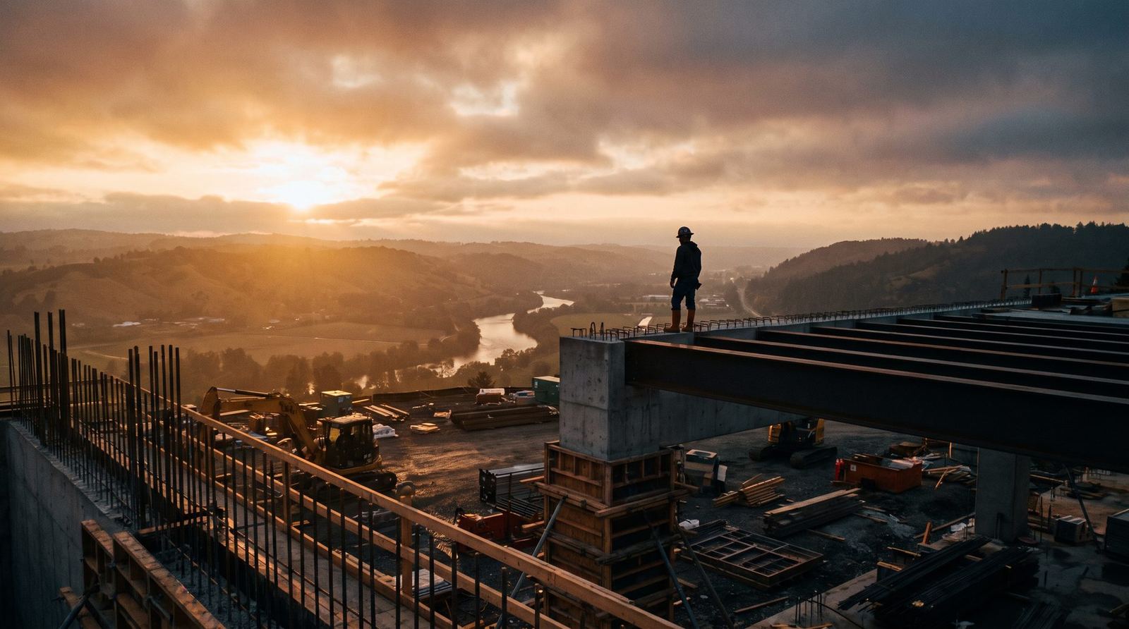 Sunrise breaking over a construction site, silhouettes of scaffolding and rebar against golden light