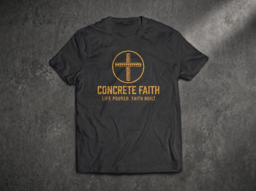Charcoal t-shirt with a gold rebar-cross emblem and the words Concrete Faith, Life Poured Faith Built